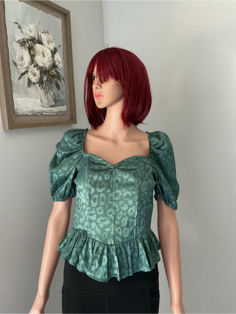 Milk & honey Green Puff Sleeve Peplum Blouse with Subtle Animal Jacquard